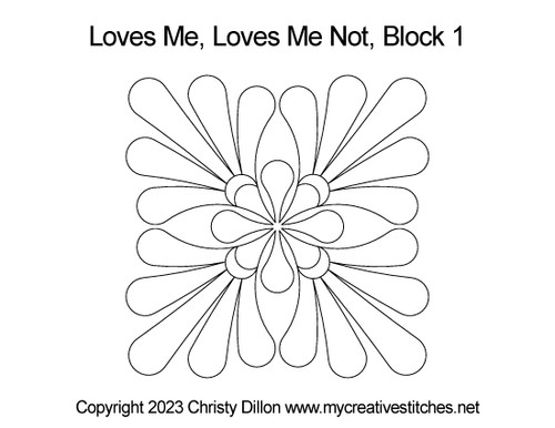 Loves Me, Loves Me Not, Block 1, block specific, swirls, e2e, p2p, leaves, pearls, flowers, feathers, sashings, feather triangles, border corners, p2p triangles, computerized longarm pattern, modern, and traditional designs, continuous design patterns, My Creative Stitches designs