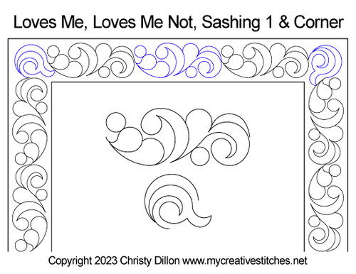 Loves Me, Loves Me Not, Sashing 1 and Corner, block specific, swirls, e2e, p2p, leaves, pearls, flowers, feathers, sashings, feather triangles, border corners, p2p triangles, computerized longarm pattern, modern, and traditional designs, continuous design patterns, My Creative Stitches designs