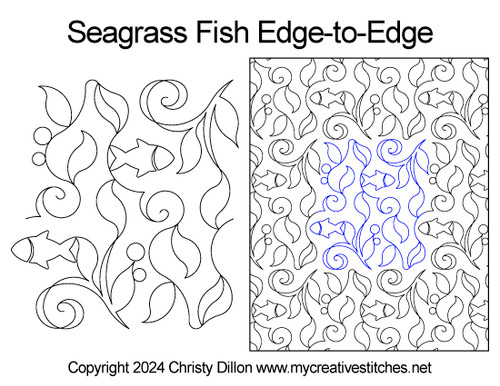 Seagrass Fish Edge-to-Edge, leaves, swirls, fish, bubbles, sea life, whimsical digital pantograph for computerized long-arm Seagrass Fish Edge-to-Edge