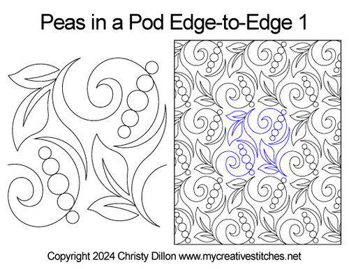 Peas in a Pod Edge-to-Edge 1, Leaves, swirls, pearls, pebbles, easy to use, quick to stitch digital edge-to-edge pantograph for computerized long-arm quilting, Peas in a Pod Edge-to-Edge 1