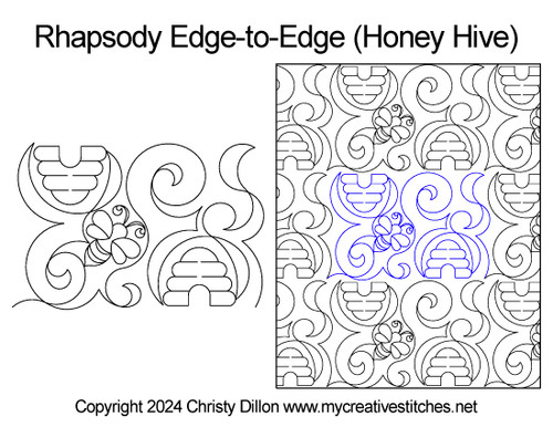 Rhapsody Edge-to-Edge Honey Hive, Honey bee, swirls, beehive, quick and easy, digital pantograph for computerized long-arms