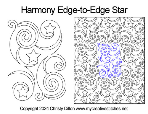 Harmony, Edge-to-Edge Star, Stars, patriotic, night sky, space, swirls, curls digital edge-to-edge pantograph pattern for computerized long-arm quilting