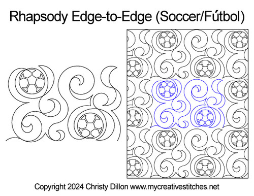Rhapsody Edge-to-Edge Soccer or Futbol, sports, futbol, swirl, quick and easy digital pantograph for computerized long-arm quilting machines