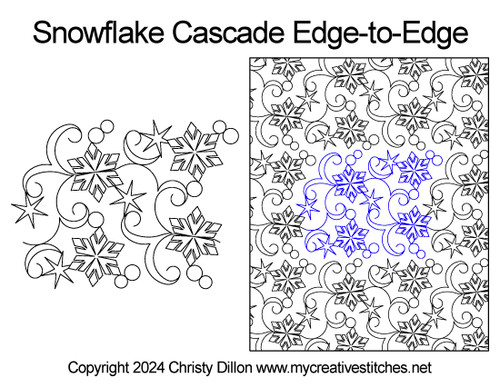 Snowflake Cascade Edge-to-Edge, Snowflake, star, winter, swirling wind, cold, Christmas, holiday digital pantograph for computerized long-arm quilting machines