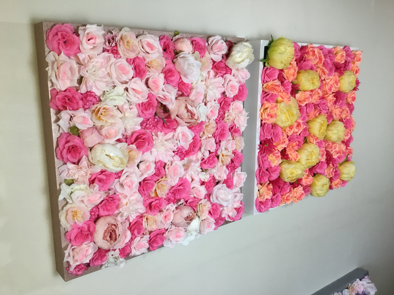 Original Artwork Hot Pink Silk Flowers In Glittery Rose Gold Frame