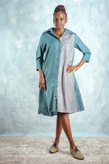 Shirt Dress | Cotton & Linen | Turquoise & Grey Patterned Panel | Designed In Vancouver | Handmade In Kenya