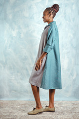 Shirt Dress | Cotton & Linen | Turquoise & Grey Patterned Panel | Designed In Vancouver | Handmade In Kenya