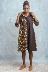 Shirt Dress | Linen | Funky Yellow Patterned & Black Panel | Designed In Vancouver | Handmade In Kenya