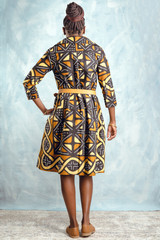 Shirt Dress | Linen | Funky Yellow Patterned & Black Panel | Designed In Vancouver | Handmade In Kenya