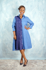 Shirt Dress | Cotton | Medium Blue & Dark Blue Panel | Designed In Vancouver | Handmade In Kenya