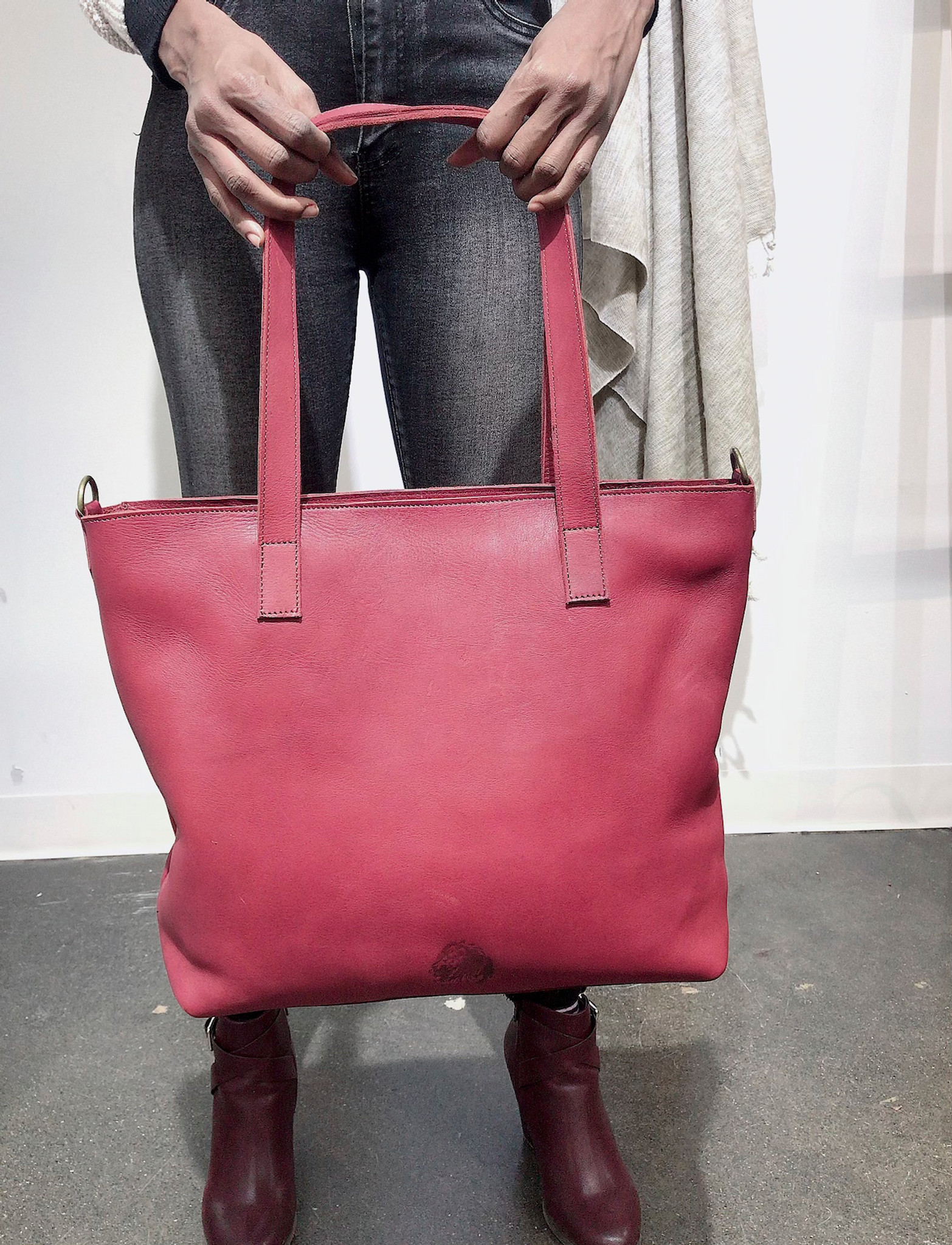 plum leather tote bag