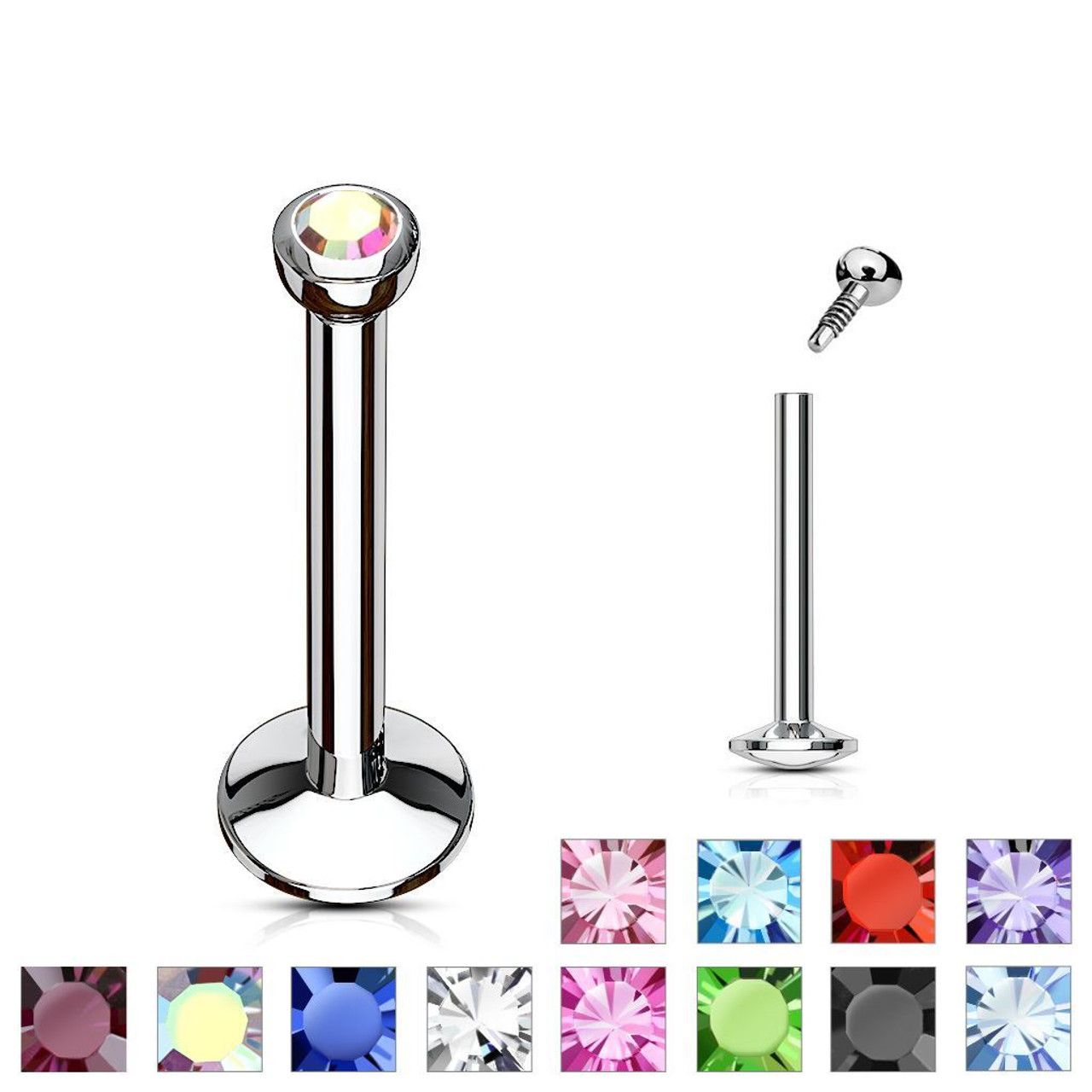 Jeweled 14g Stainless Steel Labret Stud, Externally Threaded