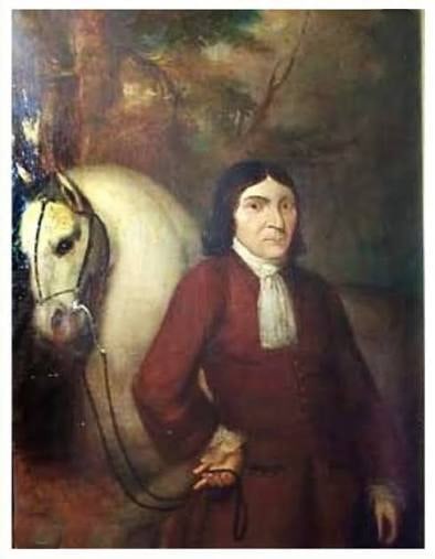 A historic portrait of Joshua Thomas, the Parson of the Islands, standing beside a white horse.