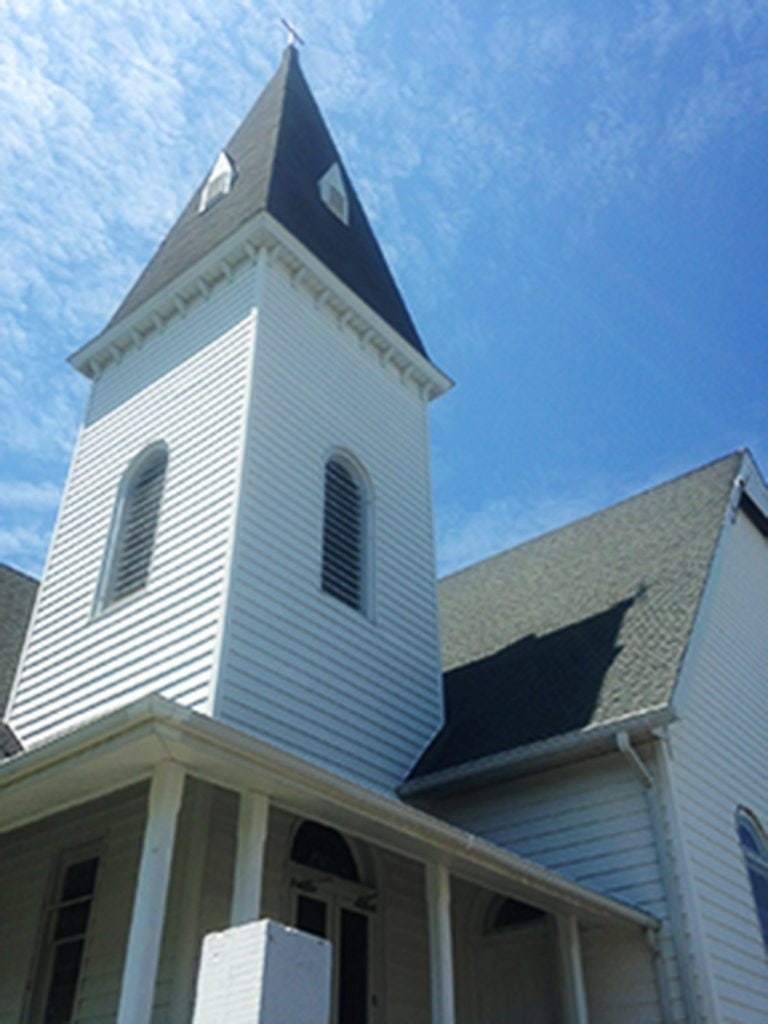 The white steeple of Swain Memorial United Methodist Church on Tangier Island.