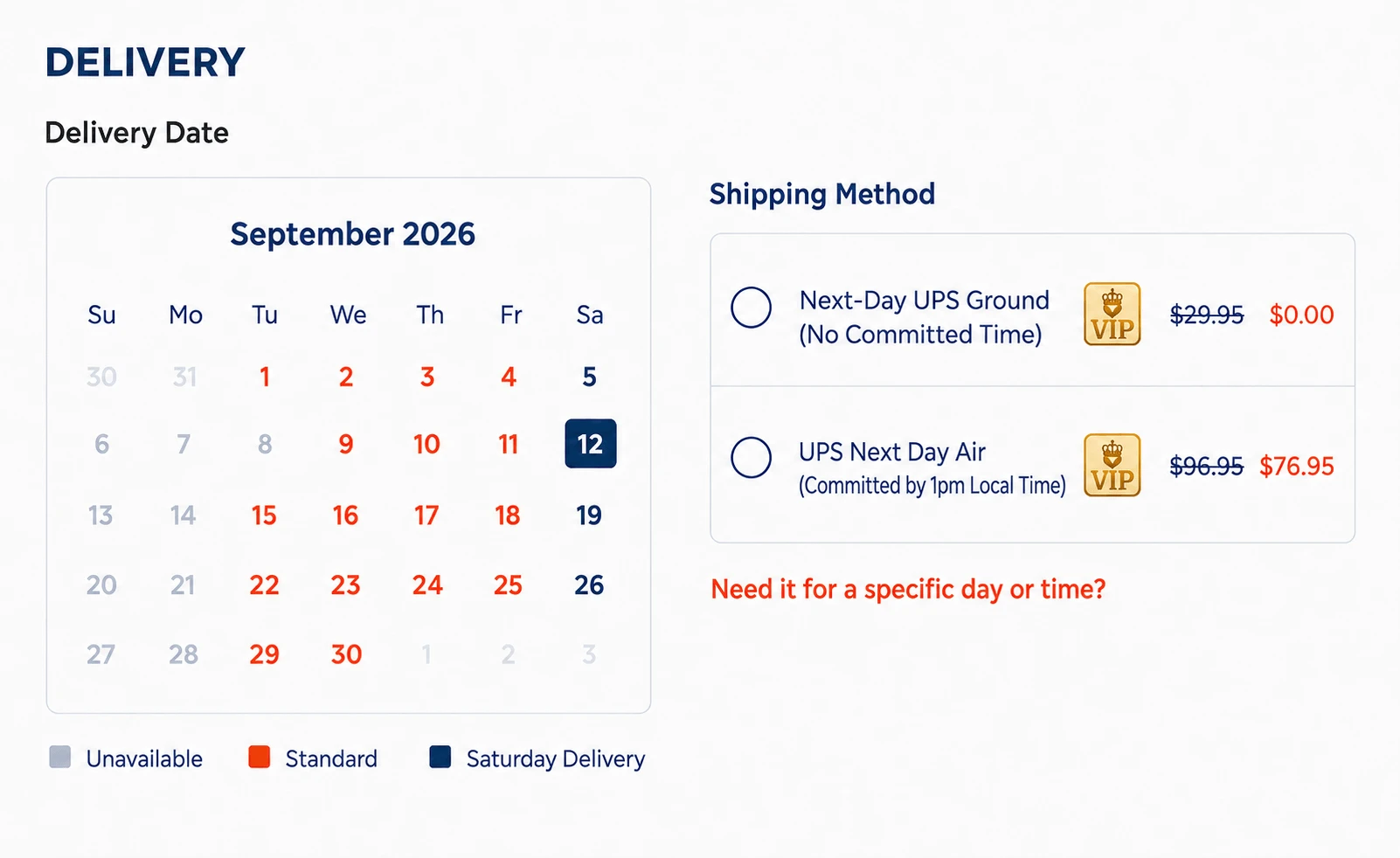 The Crab Place checkout calendar, where you pick the exact delivery date for your order