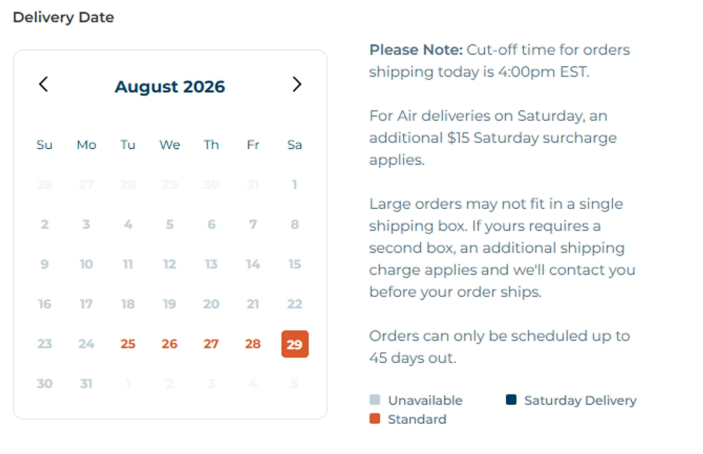 The Crab Place checkout calendar, where you pick the exact delivery date for your order
