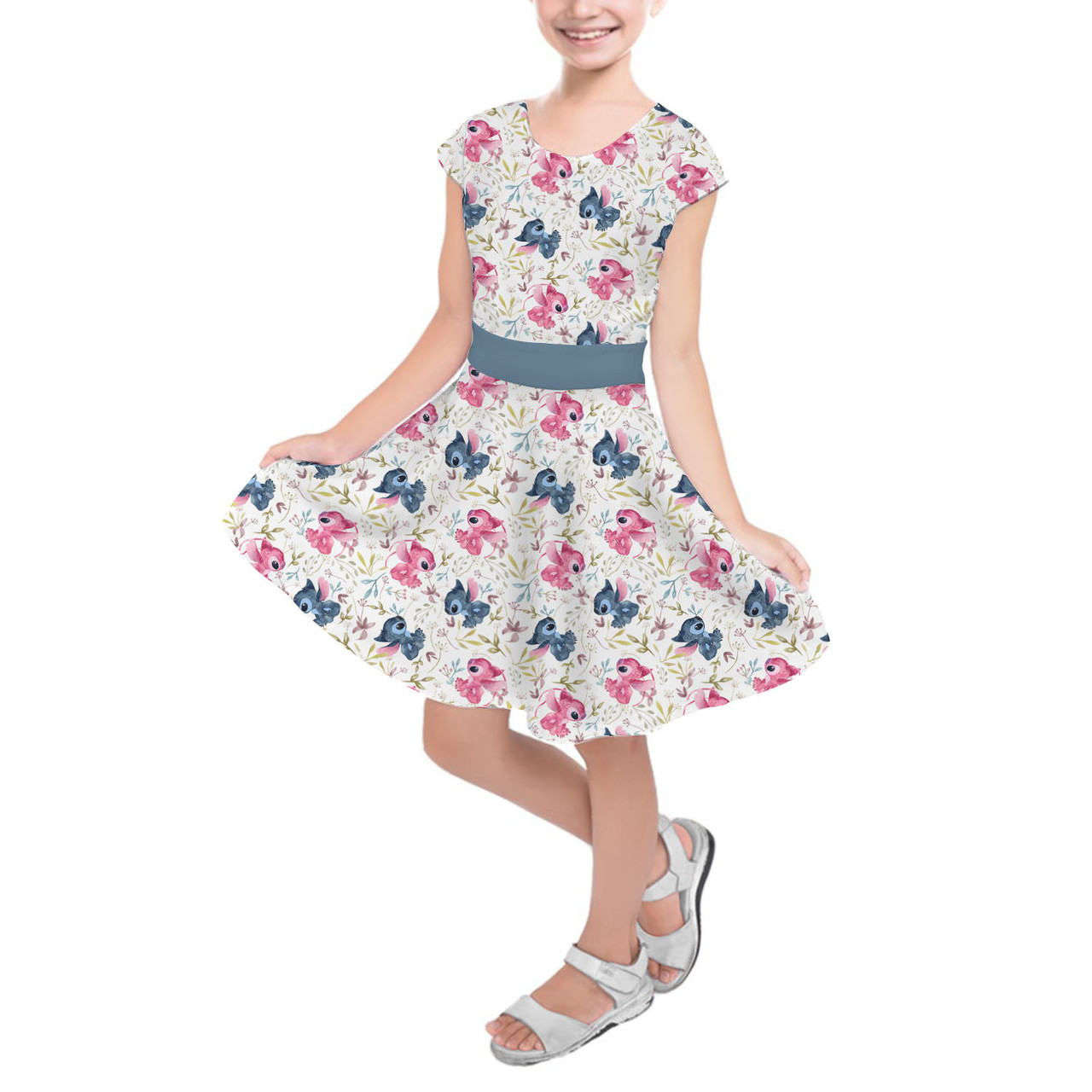 Girls Short Sleeve Skater Dress - Stitch Loves Angel - Rainbow Rules