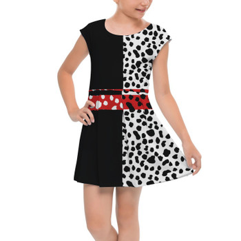 Girls Cap Sleeve Pleated Dress - Cruella de Vil Villains Inspired