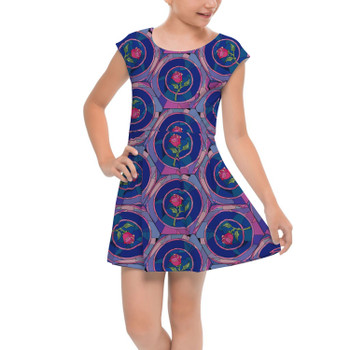 Girls Cap Sleeve Pleated Dress - Stained Glass Rose Belle Princess Inspired