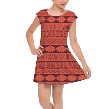 Girls Cap Sleeve Pleated Dress - Moana Tribal Print