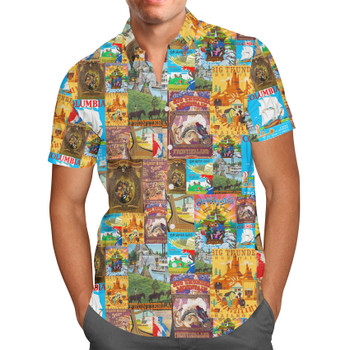 Men's Button Down Short Sleeve Shirt - Frontierland Vintage Attraction Posters