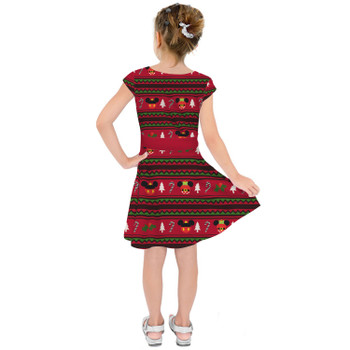 Girls Short Sleeve Skater Dress - Christmas Mickey & Minnie Sweater Pattern