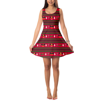 Sleeveless Flared Dress - Christmas Mickey & Minnie Sweater Pattern