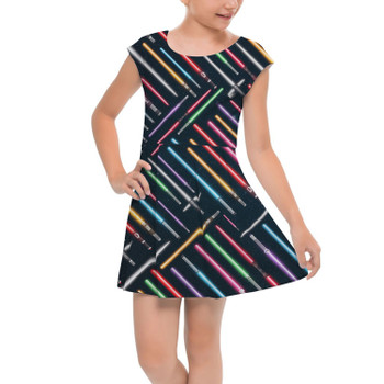 Girls Cap Sleeve Pleated Dress - Lightsabers Star Wars Inspired