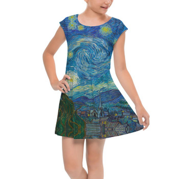 Girls Cap Sleeve Pleated Dress - Van Gogh Starry Night