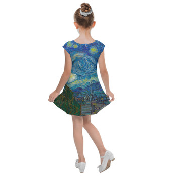 Girls Cap Sleeve Pleated Dress - Van Gogh Starry Night