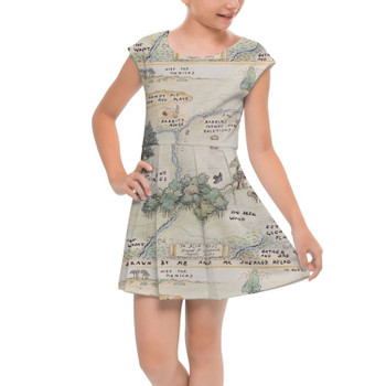 Girls Cap Sleeve Pleated Dress - Hundred Acre Wood Map Winnie The Pooh Inspired