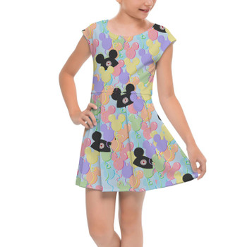 Girls Cap Sleeve Pleated Dress - Pastel Mickey Ears Balloons Disney Inspired