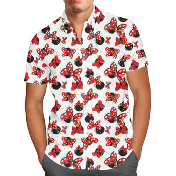 Men's Button Down Short Sleeve Shirt - Minnie Bows and Mouse Ears