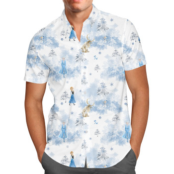 Men's Button Down Short Sleeve Shirt - Winter Landscape Frozen Inspired