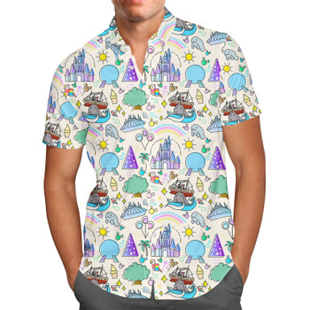 Men's Button Down Short Sleeve Shirt - Walt Disney World Park Icons Light