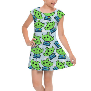 Girls Cap Sleeve Pleated Dress - Little Green Aliens Toy Story Inspired