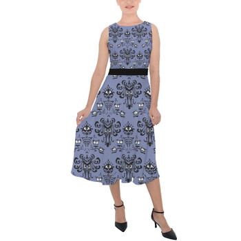 Belted Chiffon Midi Dress - Haunted Mansion Wallpaper