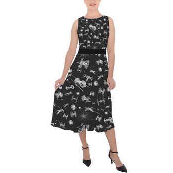 Belted Chiffon Midi Dress - Space Ship Battle Star Wars Inspired