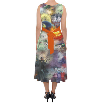 Belted Chiffon Midi Dress - Watercolor Nightmare Before Christmas