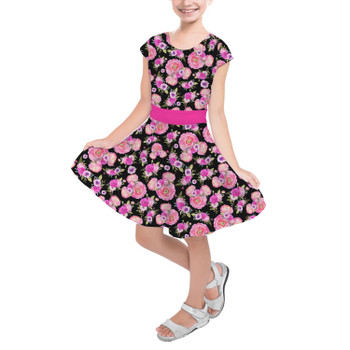 Girls Short Sleeve Skater Dress - Fuchsia Pink Floral Minnie Ears