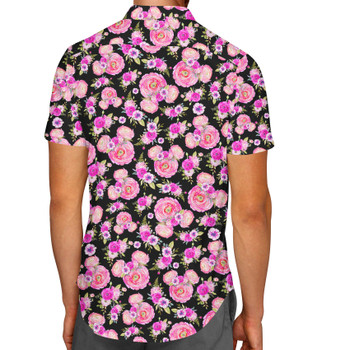 Men's Button Down Short Sleeve Shirt - Fuchsia Pink Floral Minnie Ears