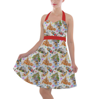 Halter Vintage Style Dress - Watercolor Disney Parks Trains & Drops