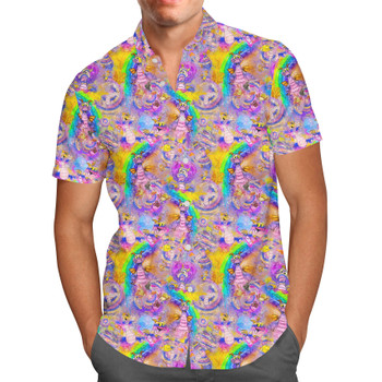 Men's Button Down Short Sleeve Shirt - Figment Watercolor Rainbow