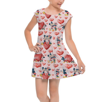 Girls Cap Sleeve Pleated Dress - Valentine Mickey & Minnie