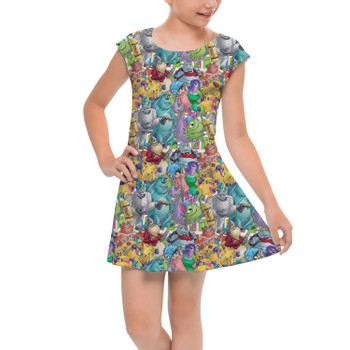 Girls Cap Sleeve Pleated Dress - Monsters Inc Sketched
