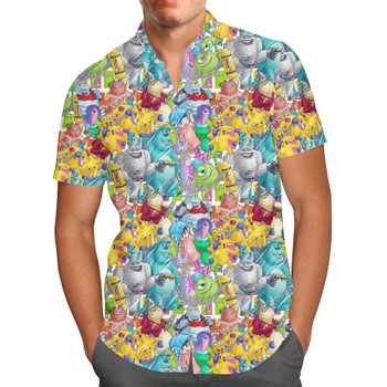 Men's Button Down Short Sleeve Shirt - Monsters Inc Sketched