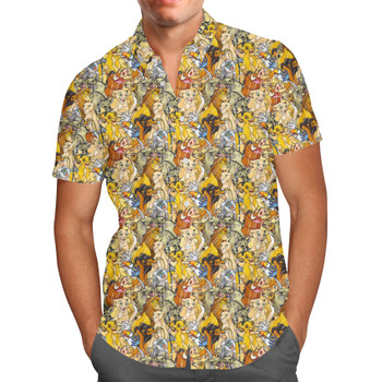 Men's Button Down Short Sleeve Shirt - Lion King Sketched