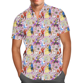 Men's Button Down Short Sleeve Shirt - Beauty And The Beast Sketched