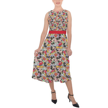Belted Chiffon Midi Dress - Mickey Mouse Sketched