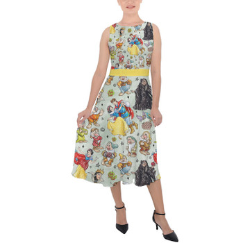 Belted Chiffon Midi Dress - Snow White And The Seven Dwarfs Sketched